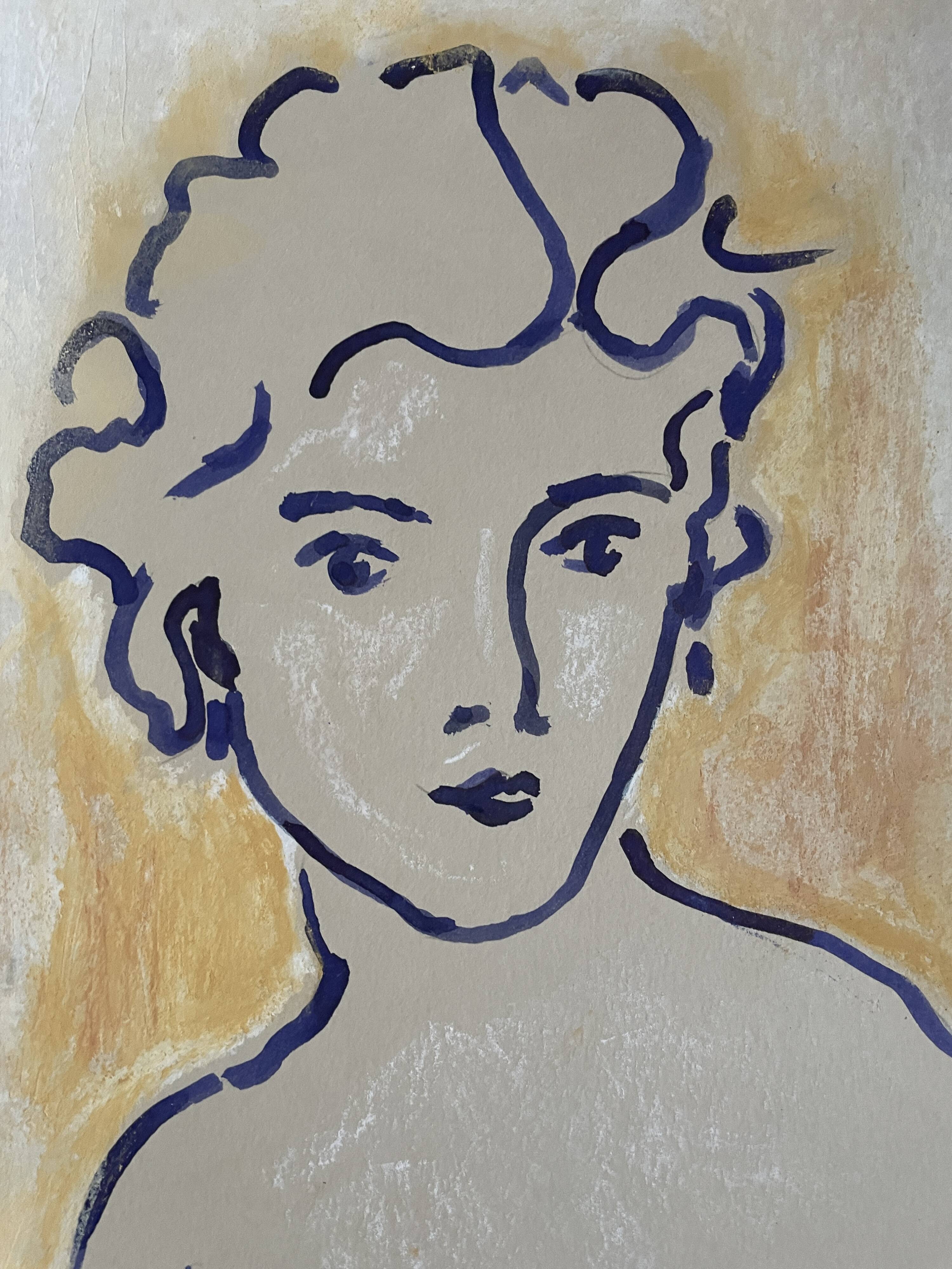 Painting signed Chinese ink and pastel female portrait “study”