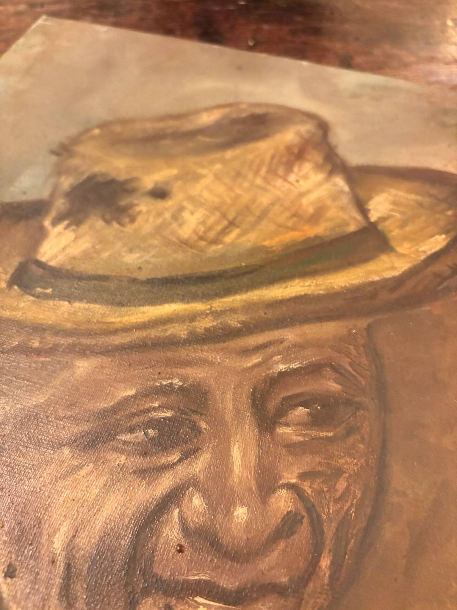 Old Table Oil on Canvas: Portrait of a Man in a Hat