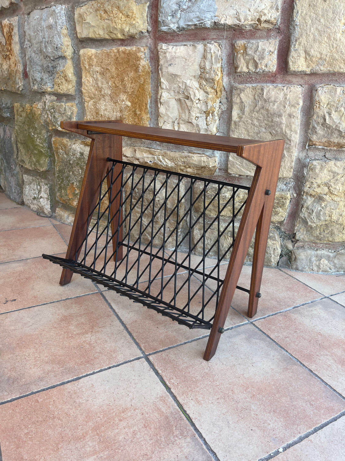 Scandinavian wood and steel magazine rack from the 60s