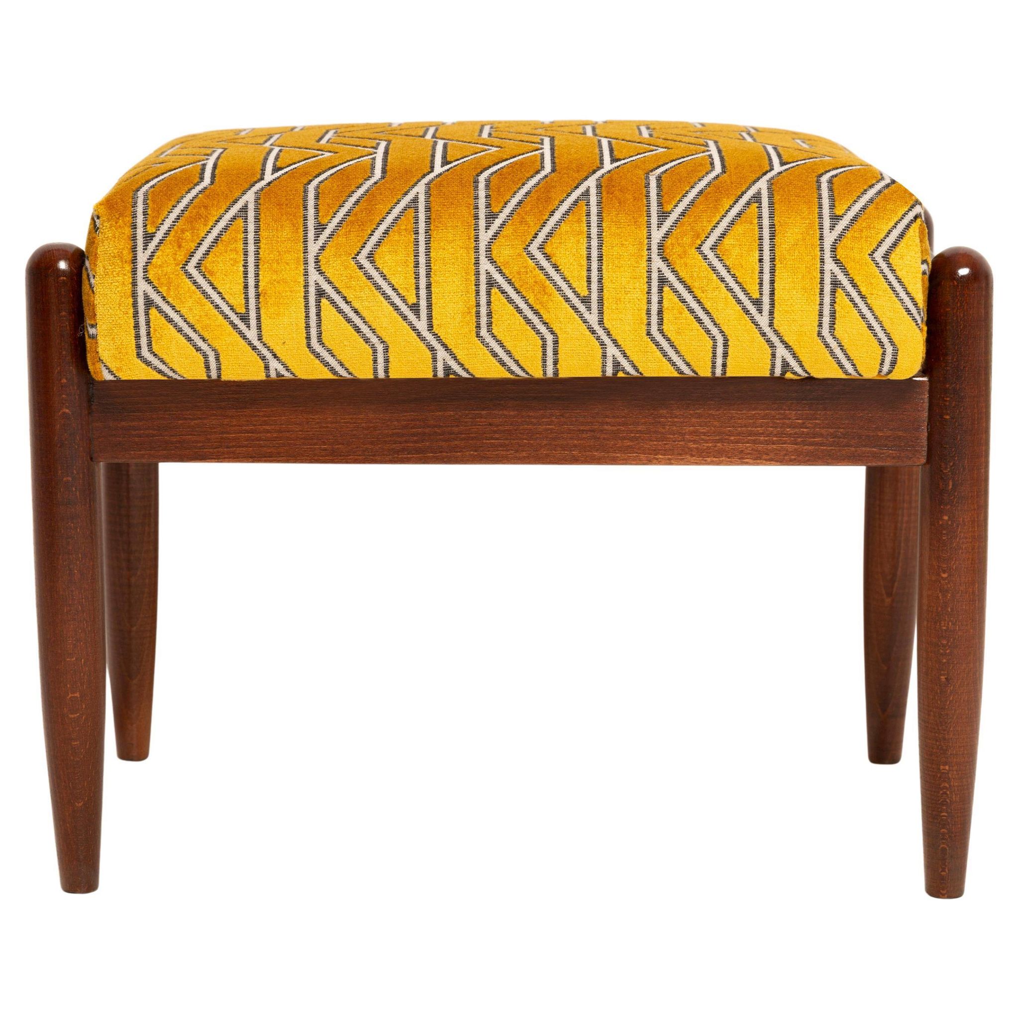 GFM Mid Century Stool in Yellow Jacquard by Casamance, E. Homa, Europe, 1960s