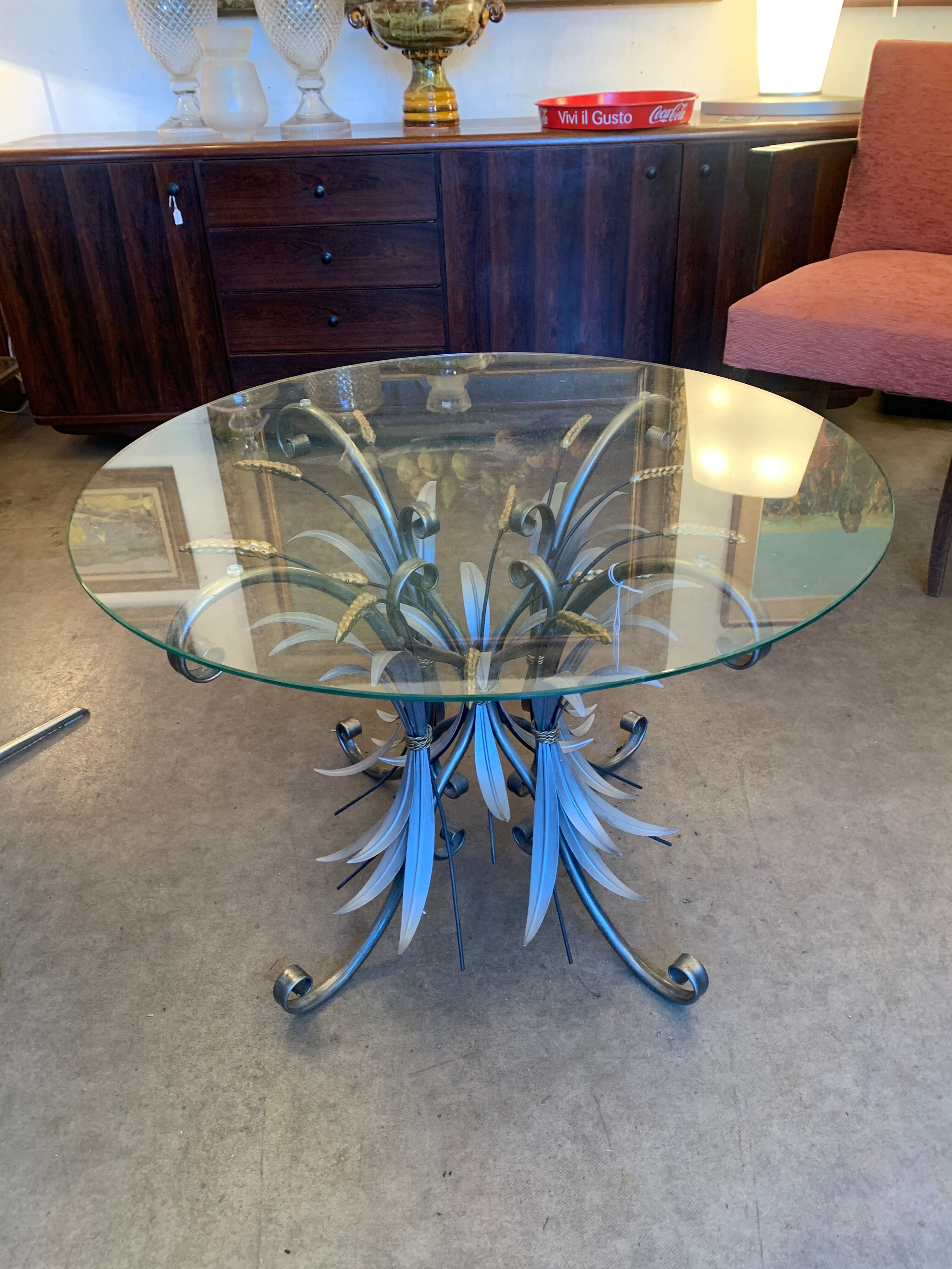 Round coffee table over glass base ears of wheat 1990s.
