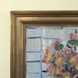 Mid-Century Modern Swedish "Pink Flowers" Vintage Still Life Oil Painting, Framed