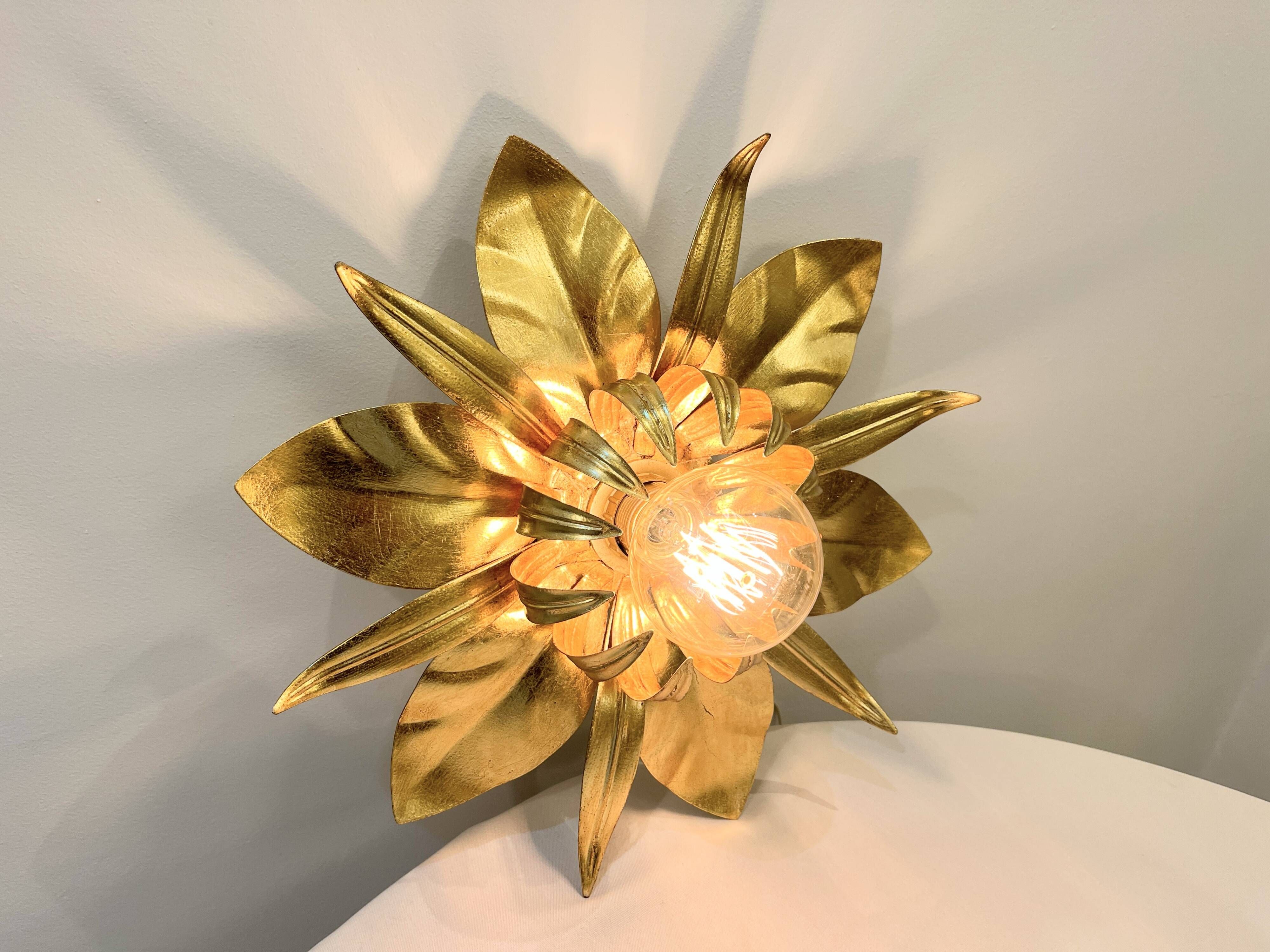 Masca style gold leaf metal flower wall light, 1970-1980
