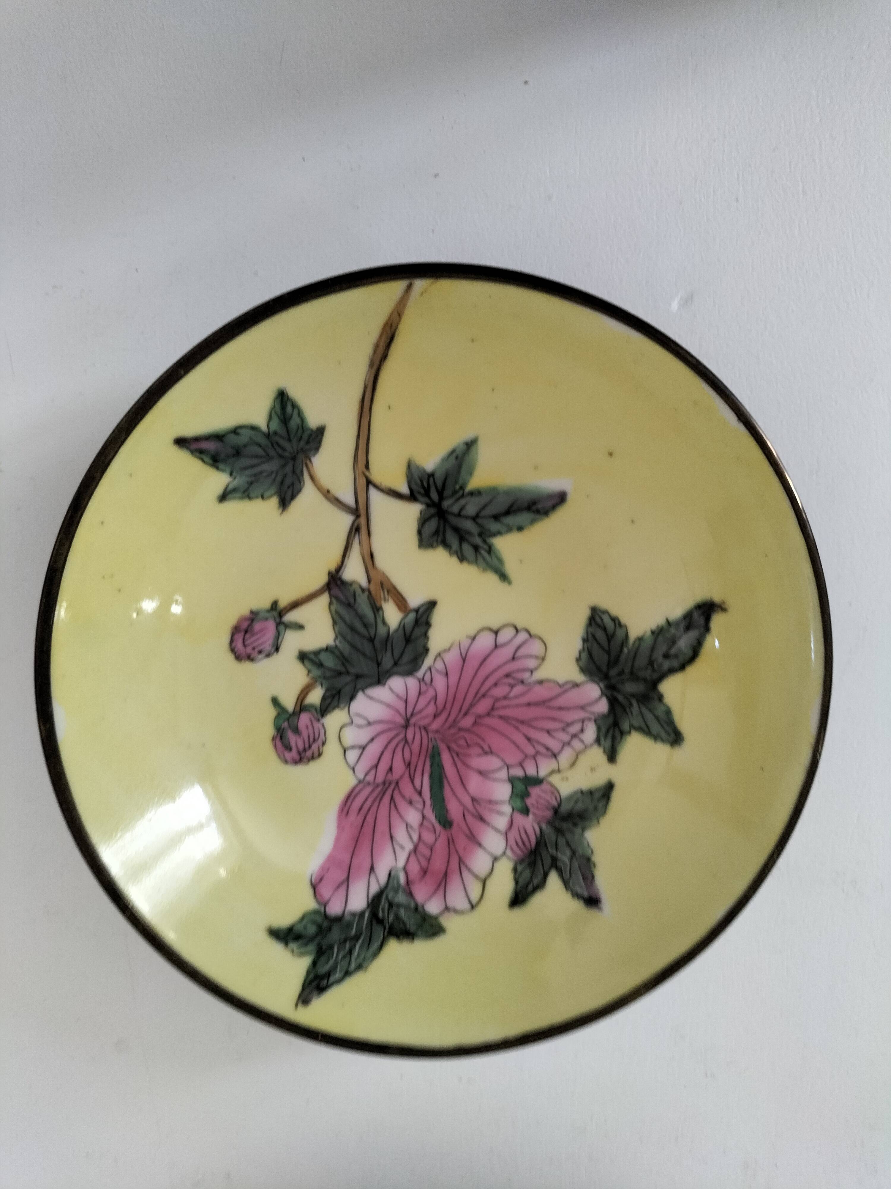 Pair of vintage Chinese decorative plates with floral decoration on a yellow background