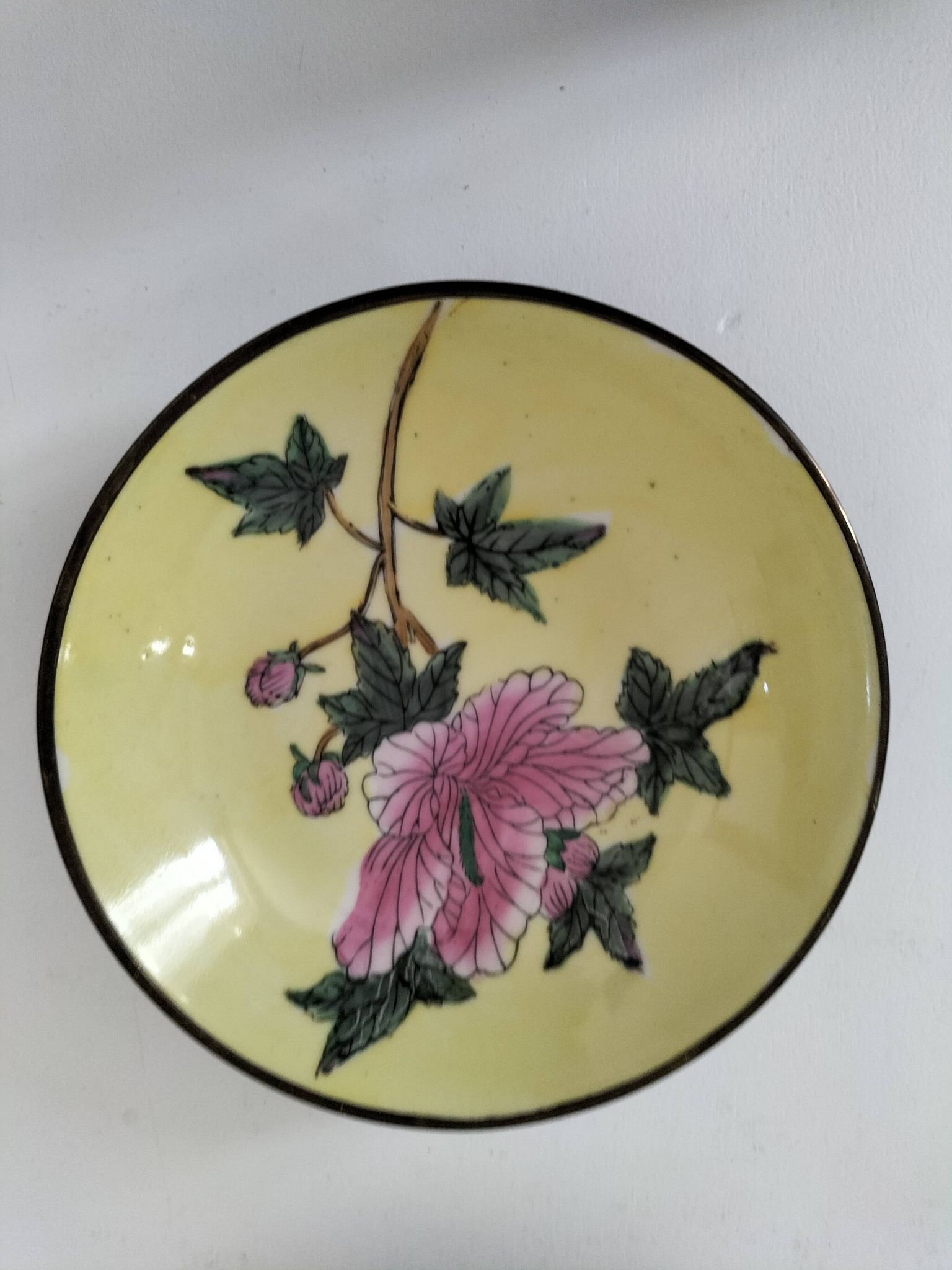 A pair of vintage Chinese decorative plates with floral designs on a yellow background.
