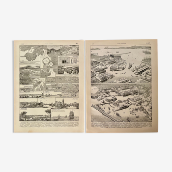Set of 2 lithographs on the ports of 1897