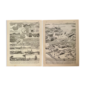 Set of 2 lithographs on the ports of 1897