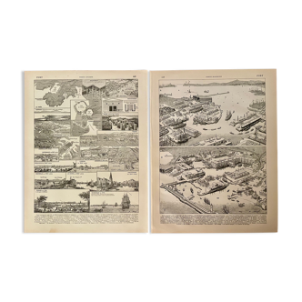 Set of 2 lithographs on the ports of 1897