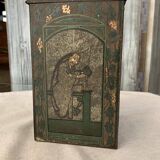 Boîte à thé chinoise peinte multicolore en métal, décor figuratif années 1920-1930