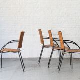 Set of 4 stackable dining chairs in steel and rattan, 1970s