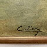 19th century HST painting "Boat in heavy weather" signed C. Lion + frame