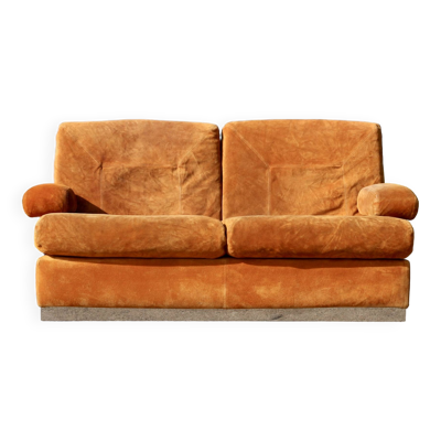 Canapé orange cuir suédé et acier. Circa 1970