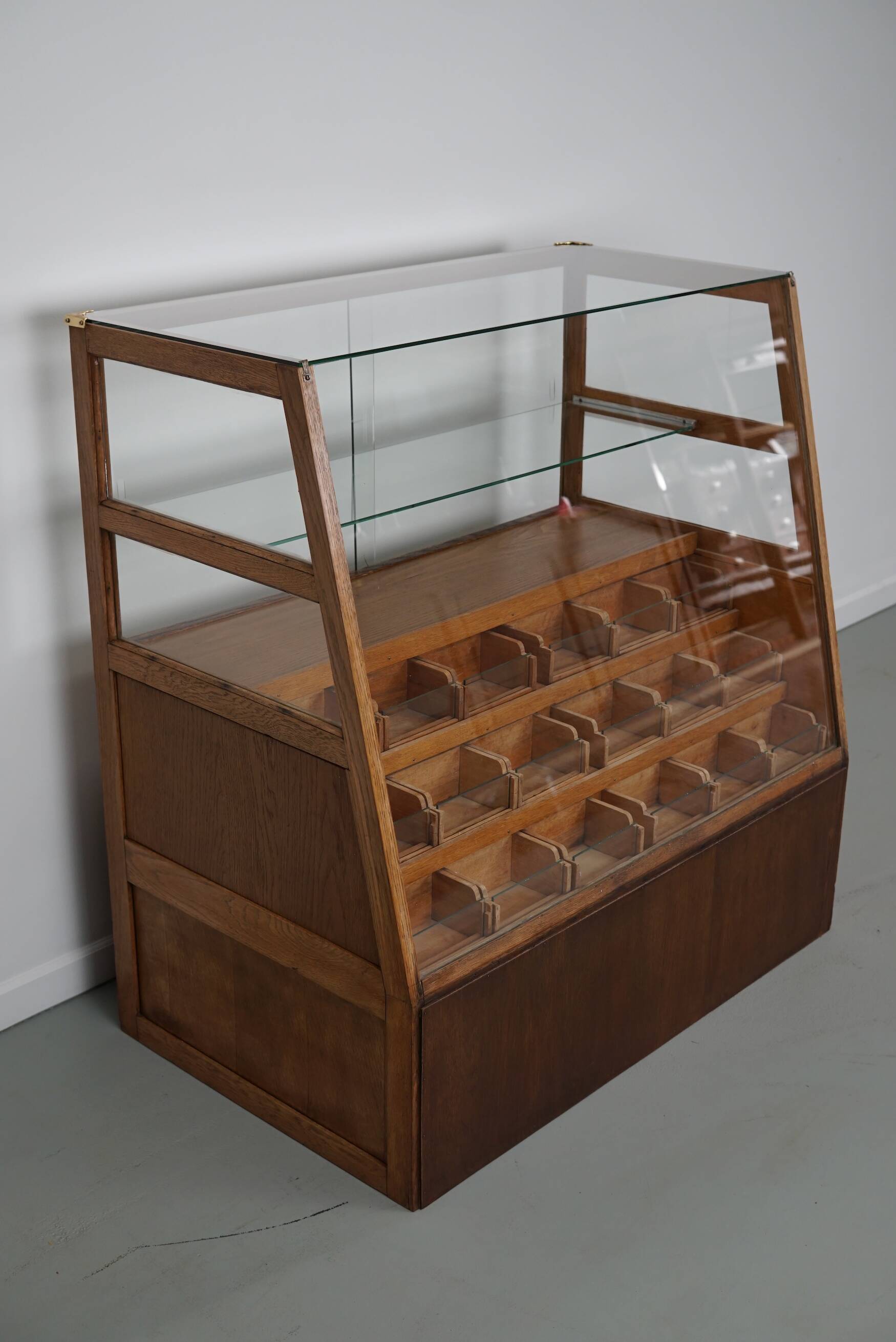 Antique Spanish beech & oak haberdashery cabinet or shop counter, 1950s