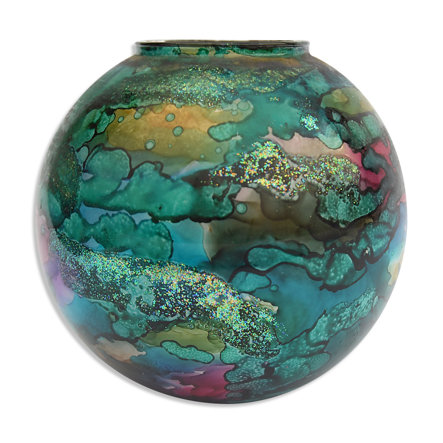 Vase ball eglomisé in lacquered glass by Jean Noel BOUILLET