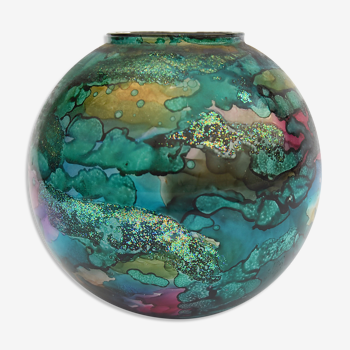 Vase ball eglomisé in lacquered glass by Jean Noel BOUILLET