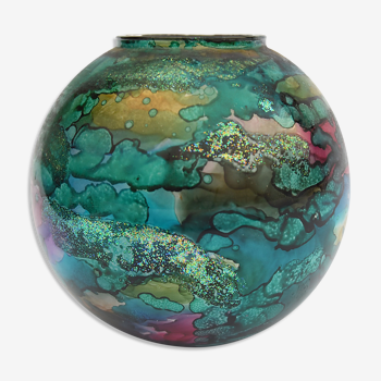 Vase boule églomisé en verre laqué par Jean Noel BOUILLET