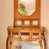 Curved half-moon console in rattan and bamboo with mirror by Vivai del Sud, Italy, 1960s.