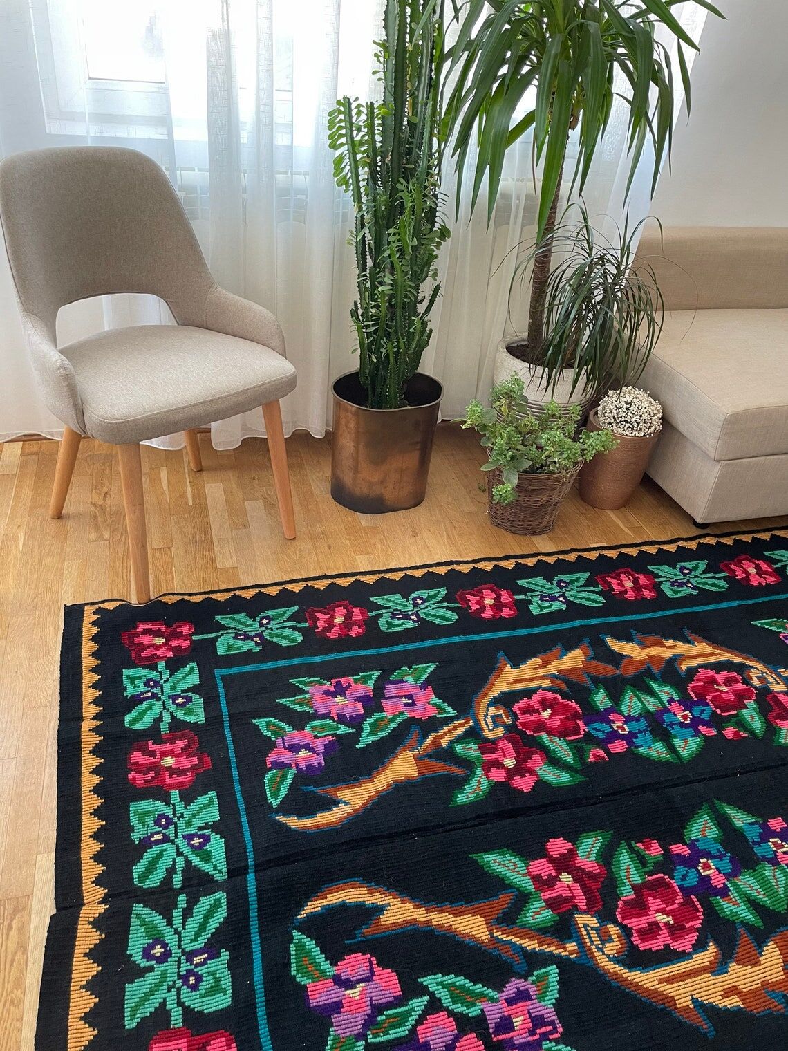 Vintage Romanian wool carpet floral design on black background 235x150cm