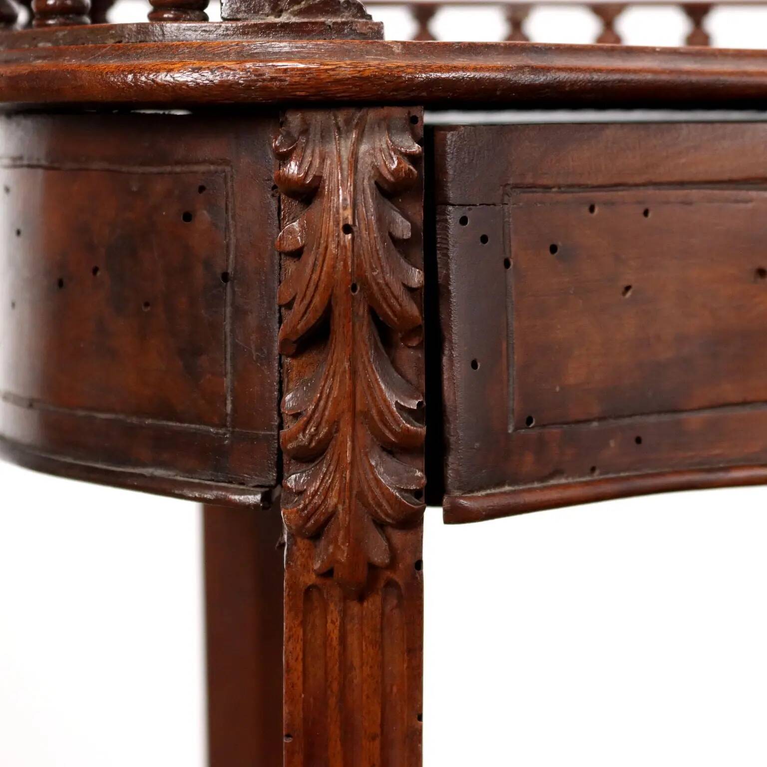 Antique walnut coffee table with decorations, Italy, 19th century.