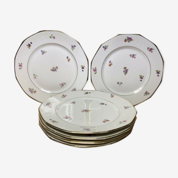 Series 6 plates porcelain art deco, decoration flowers and roses, golden, vintage