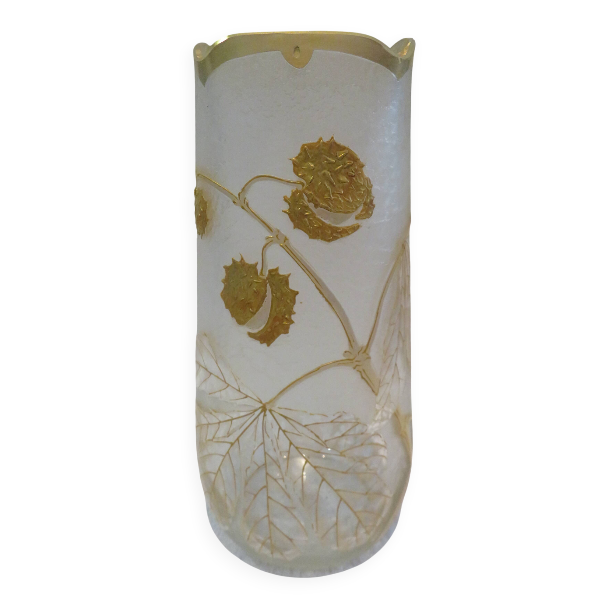 Beautiful acid-etched glass vase from Legras Saint Denis with chestnut tree decoration