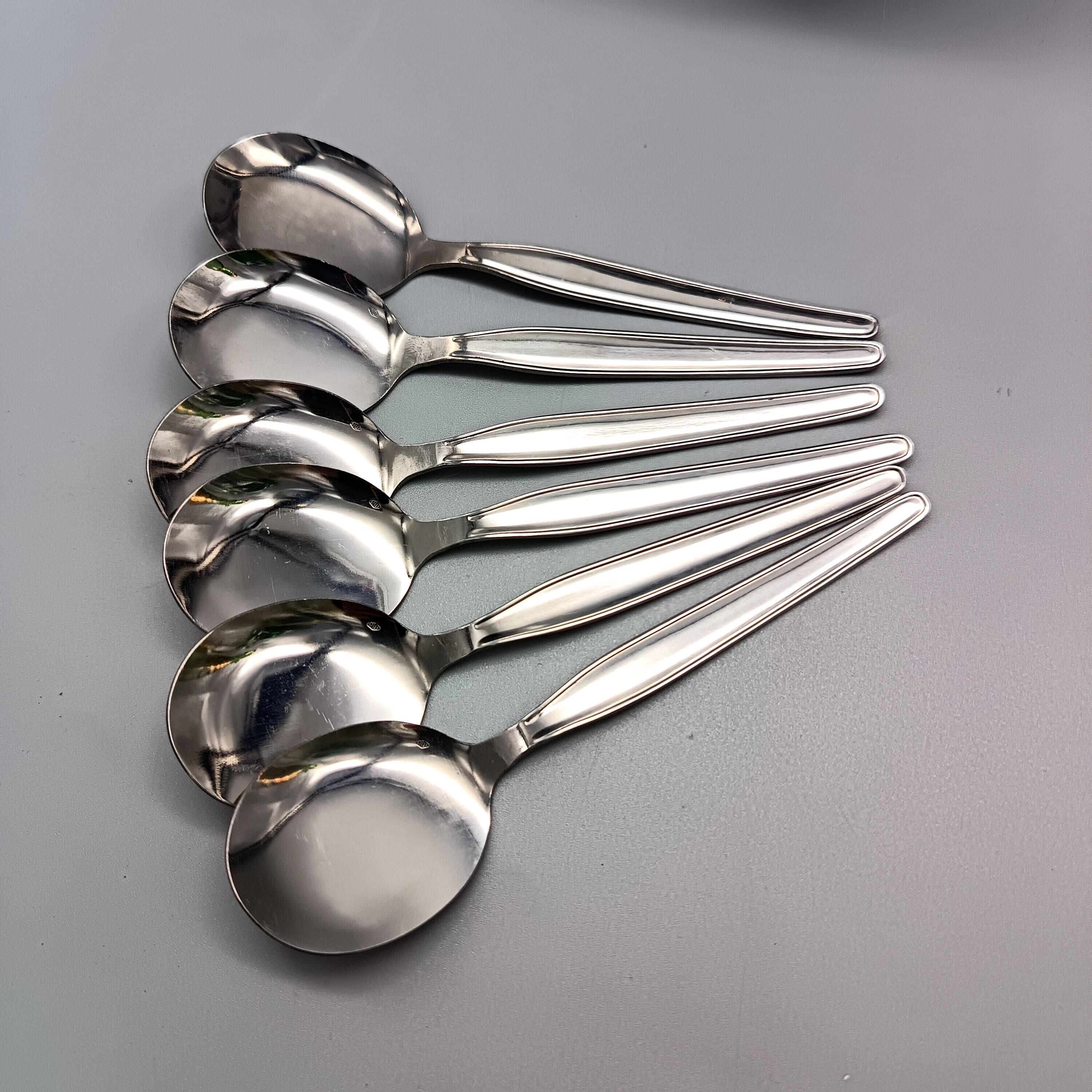 6 stainless steel ice cream cups and spoons, French, stainless steel bowl