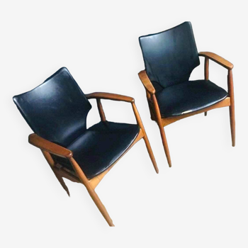 Paire de fauteuils vintage bois massif scandinave, meubles sièges anciens