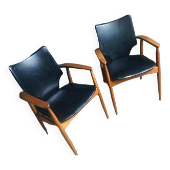 Pair of vintage scandinavian solid wood armchairs, antique seating furniture