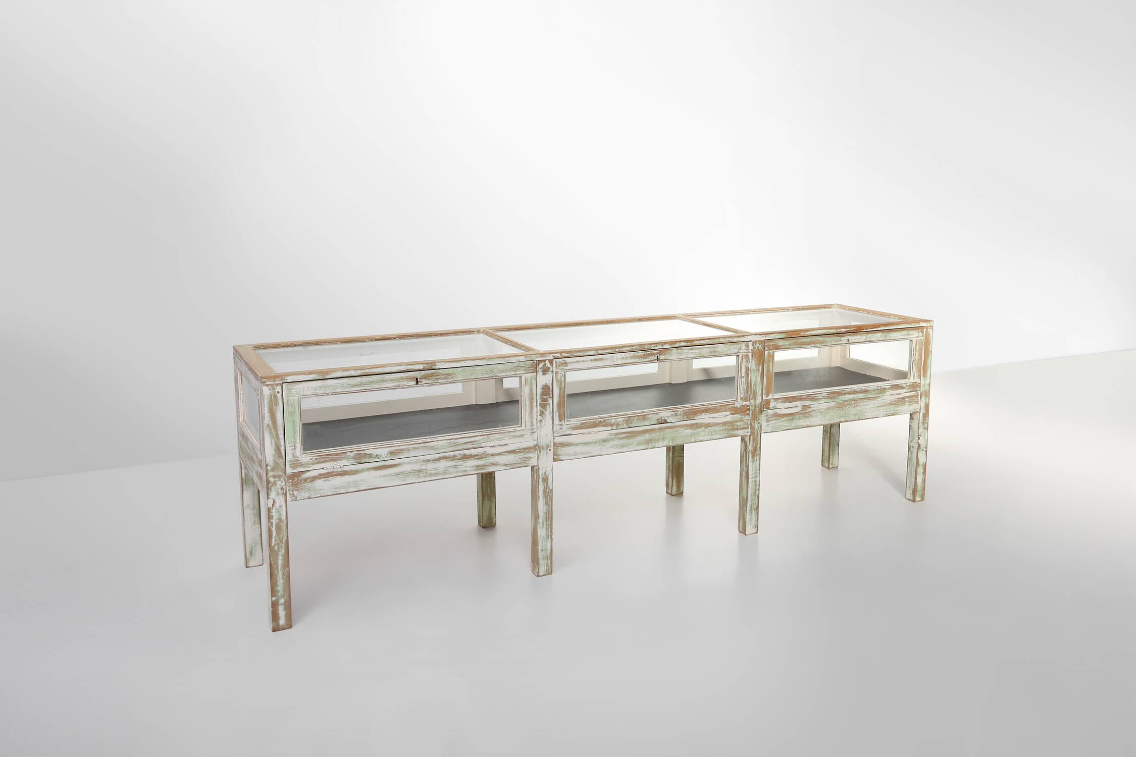 Beautiful patinated large rustic oak display case, France ca. 1900