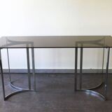 Console in smoked glass and chrome legs, 1970.