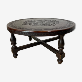 vintage mid century brutalist beautiful pazmino tooled leather and wood round coffee table, 1960s