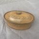 Old terrine in glazed stoneware and floral decoration mustard yellow slip