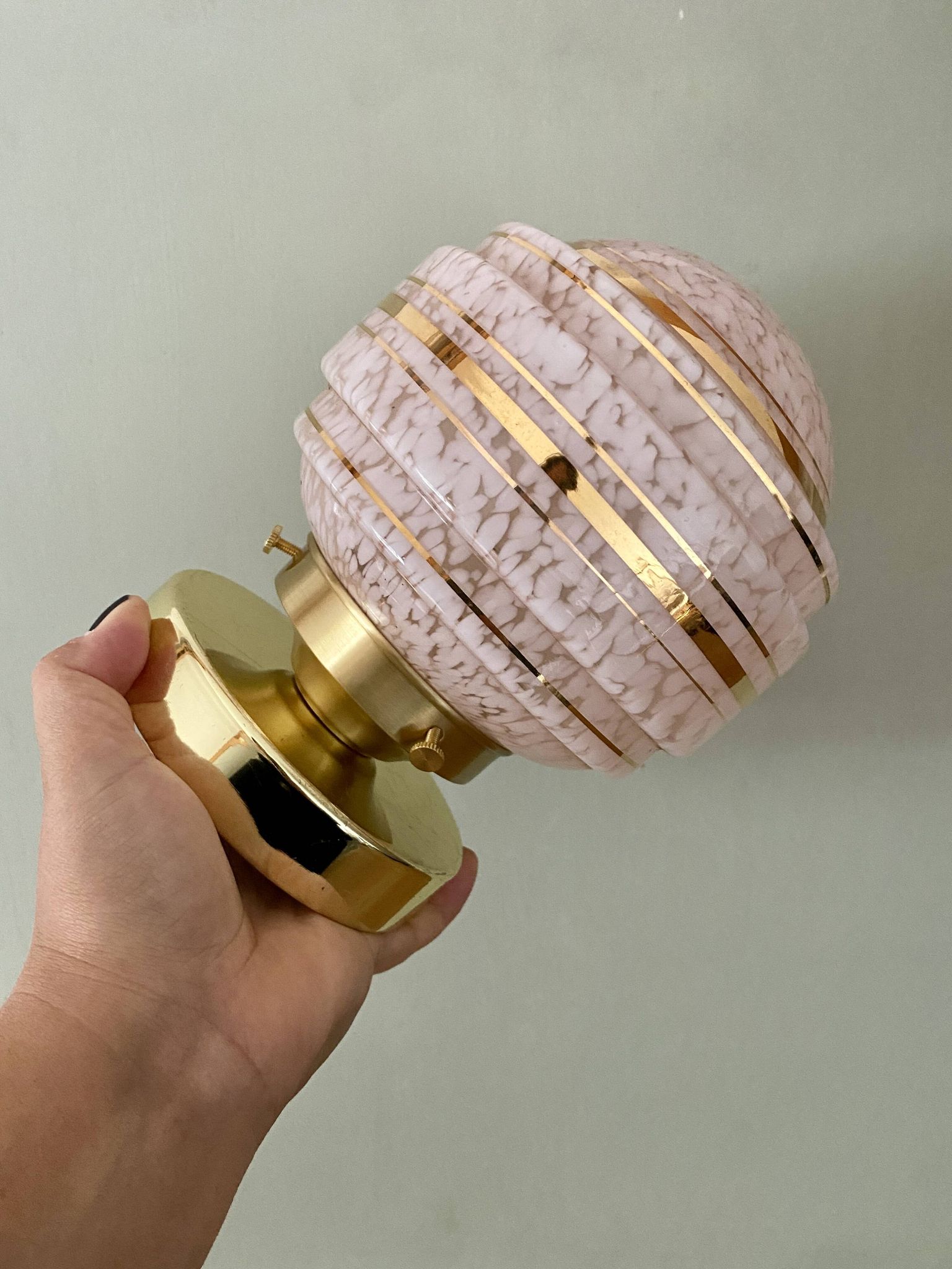Vintage art deco globe wall or ceiling light in pink and gold Clichy glass