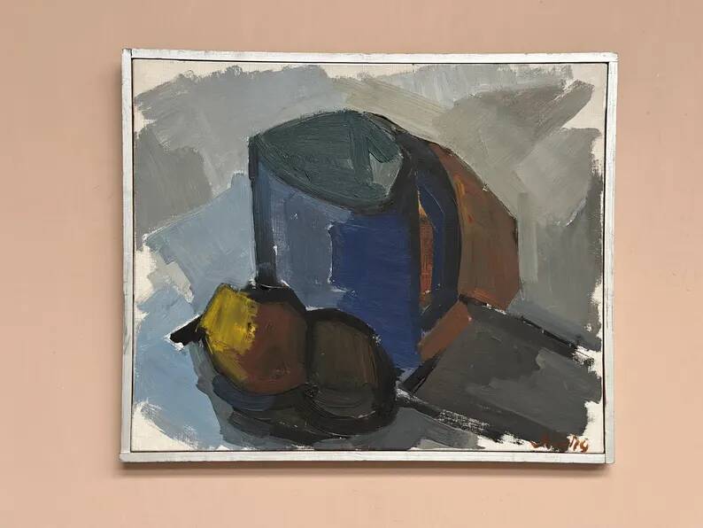 Original Swedish Oil on Canvas – “Blue Jug” by Stig Delang – Signed – Vintage & Framed