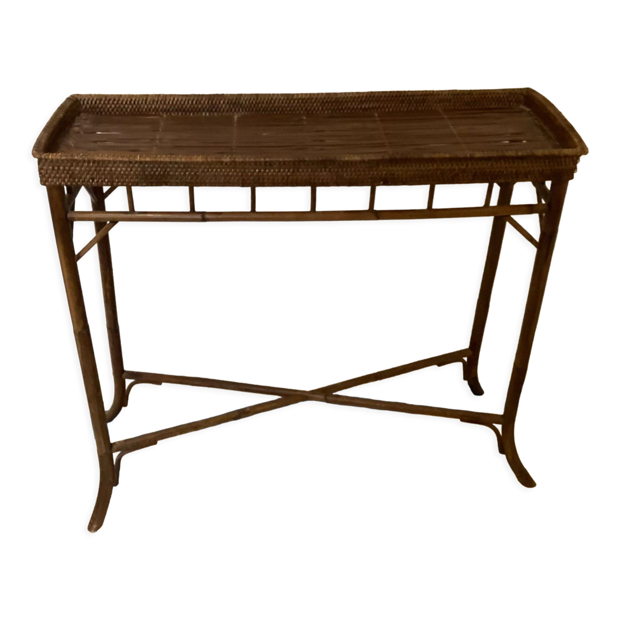 Ancienne console en bambou et rotin tressé