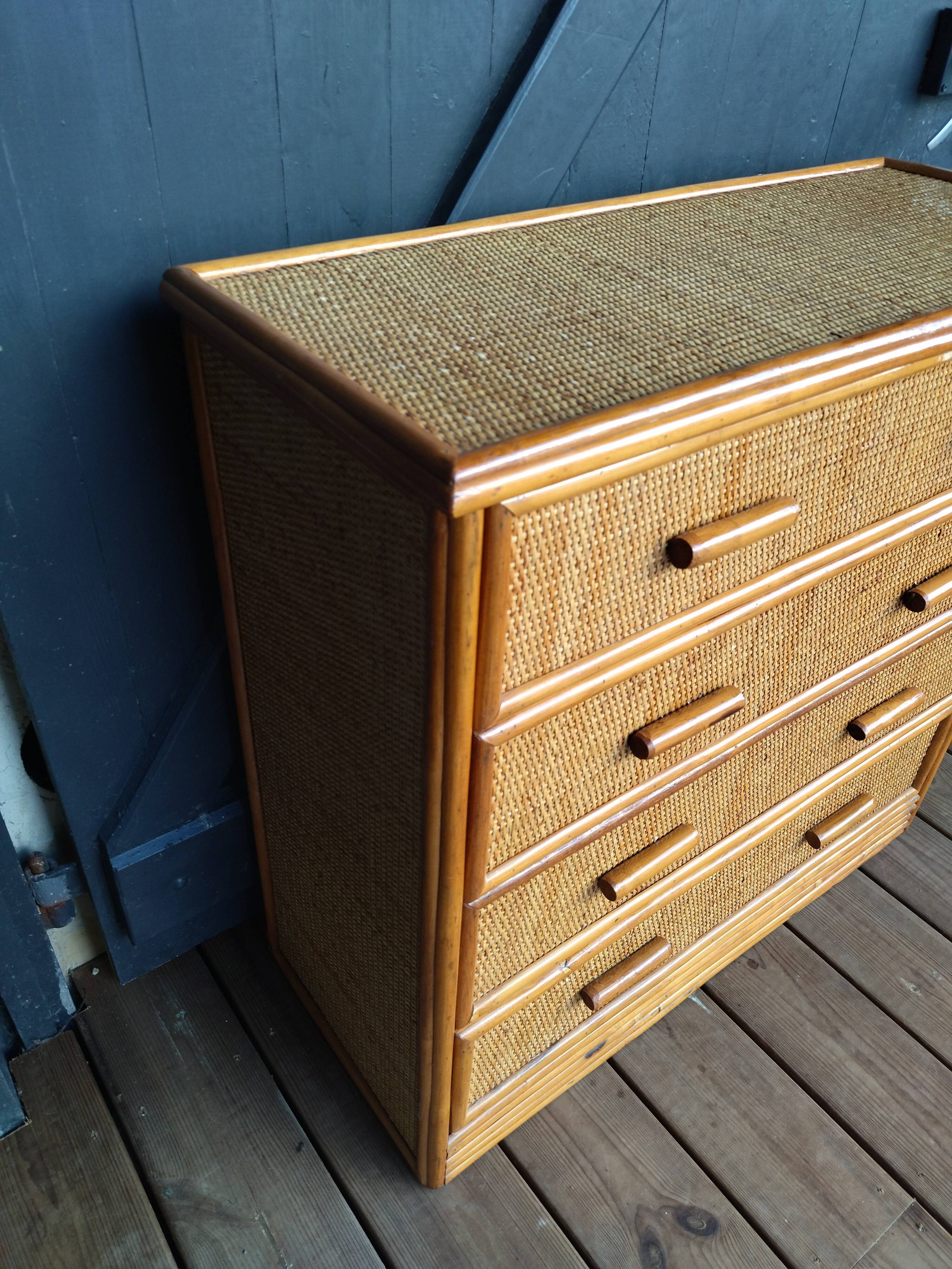Small chest of drawers in rattan and bamboo