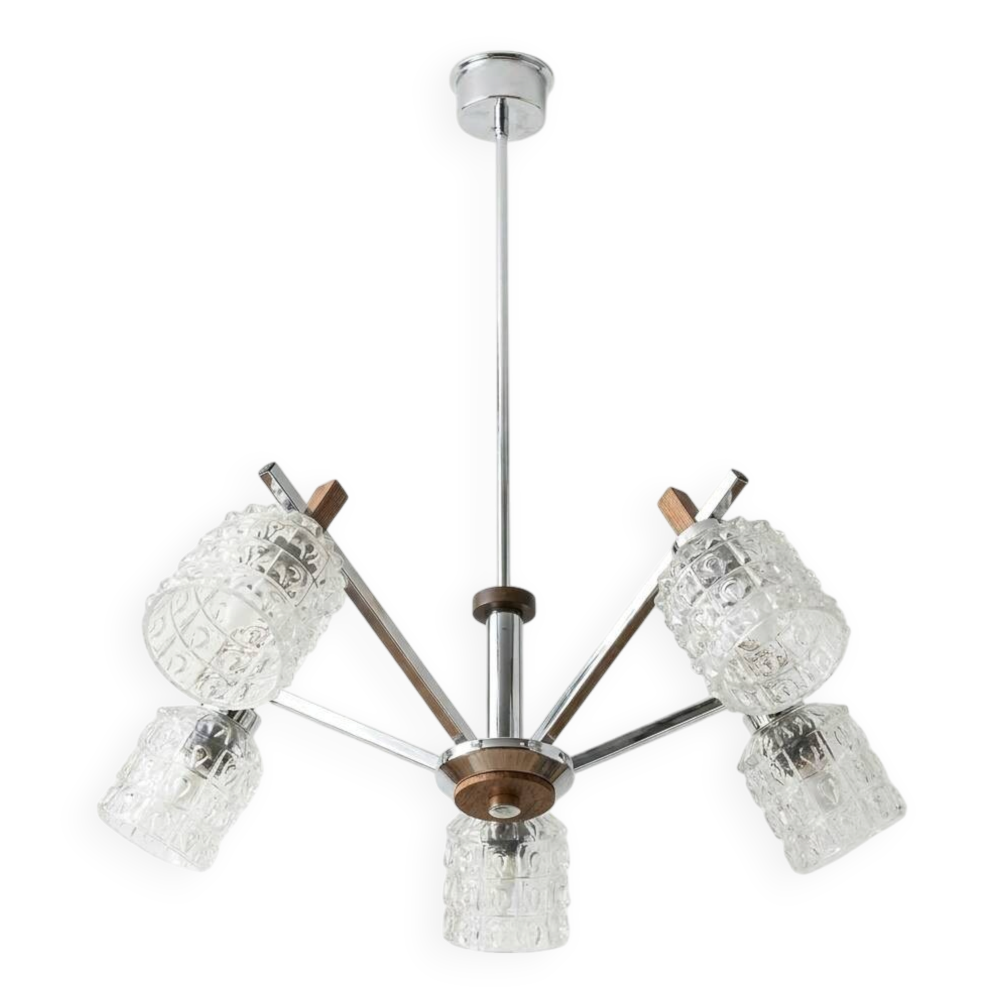 Vintage suspension with 5 chrome and wood lights – textured glass – 1970s