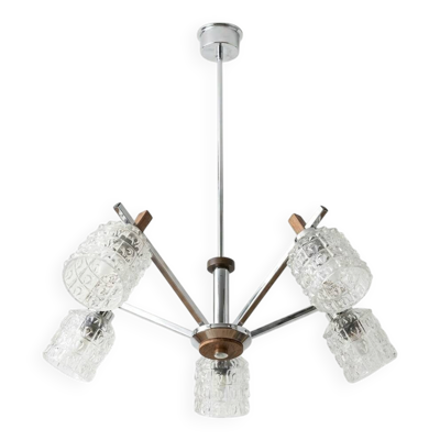 Suspension vintage 5 feux chrome et bois – verres texturés – années 70