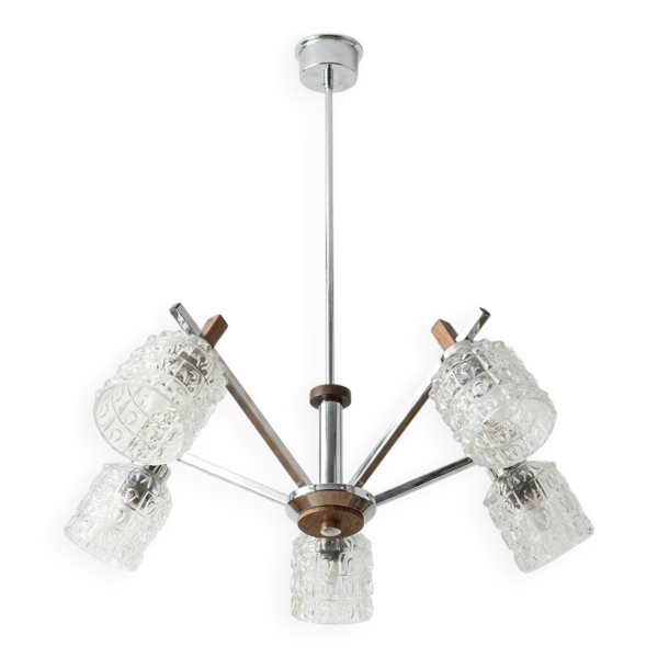 Suspension vintage 5 feux chrome et bois – verres texturés – années 70