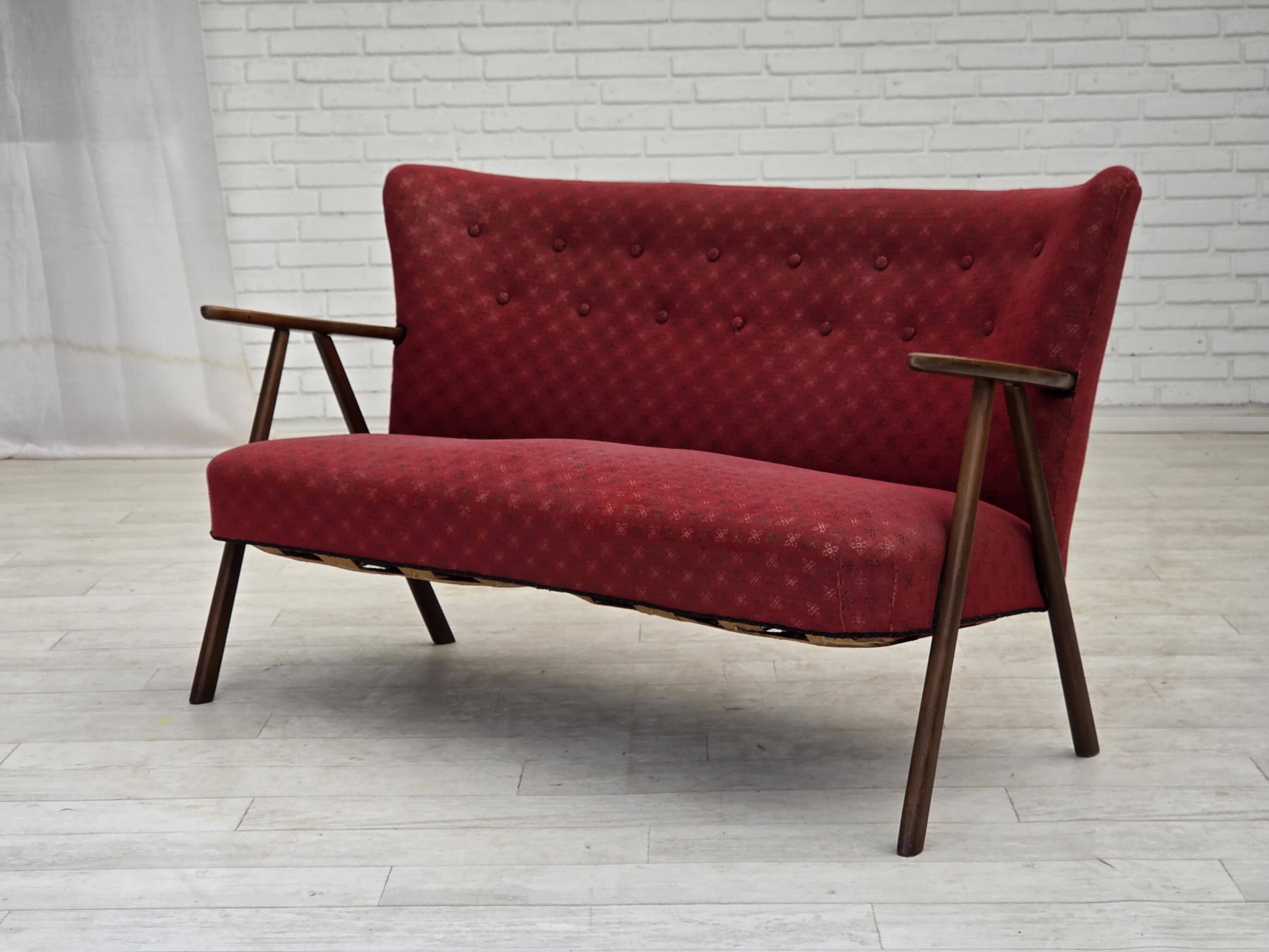 1960s, Danish 2-seater sofa, red furniture fabric, beech wood.