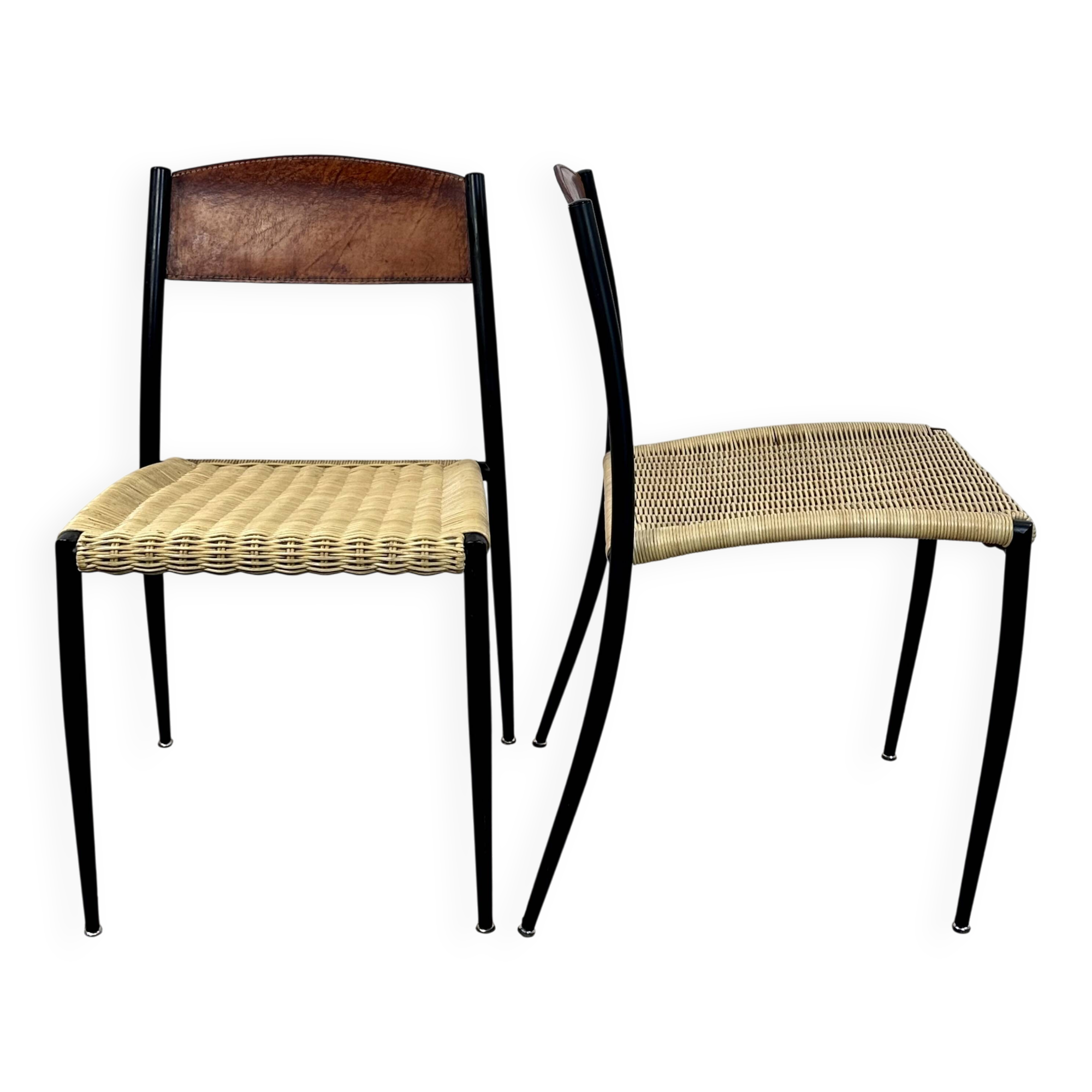 Chairs (set of 2) in metal, leather and straw 1960's