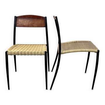 Chairs (set of 2) in metal, leather and straw 1960's