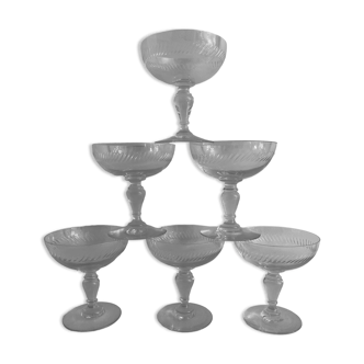 6 old champagne glasses in blown crystalline