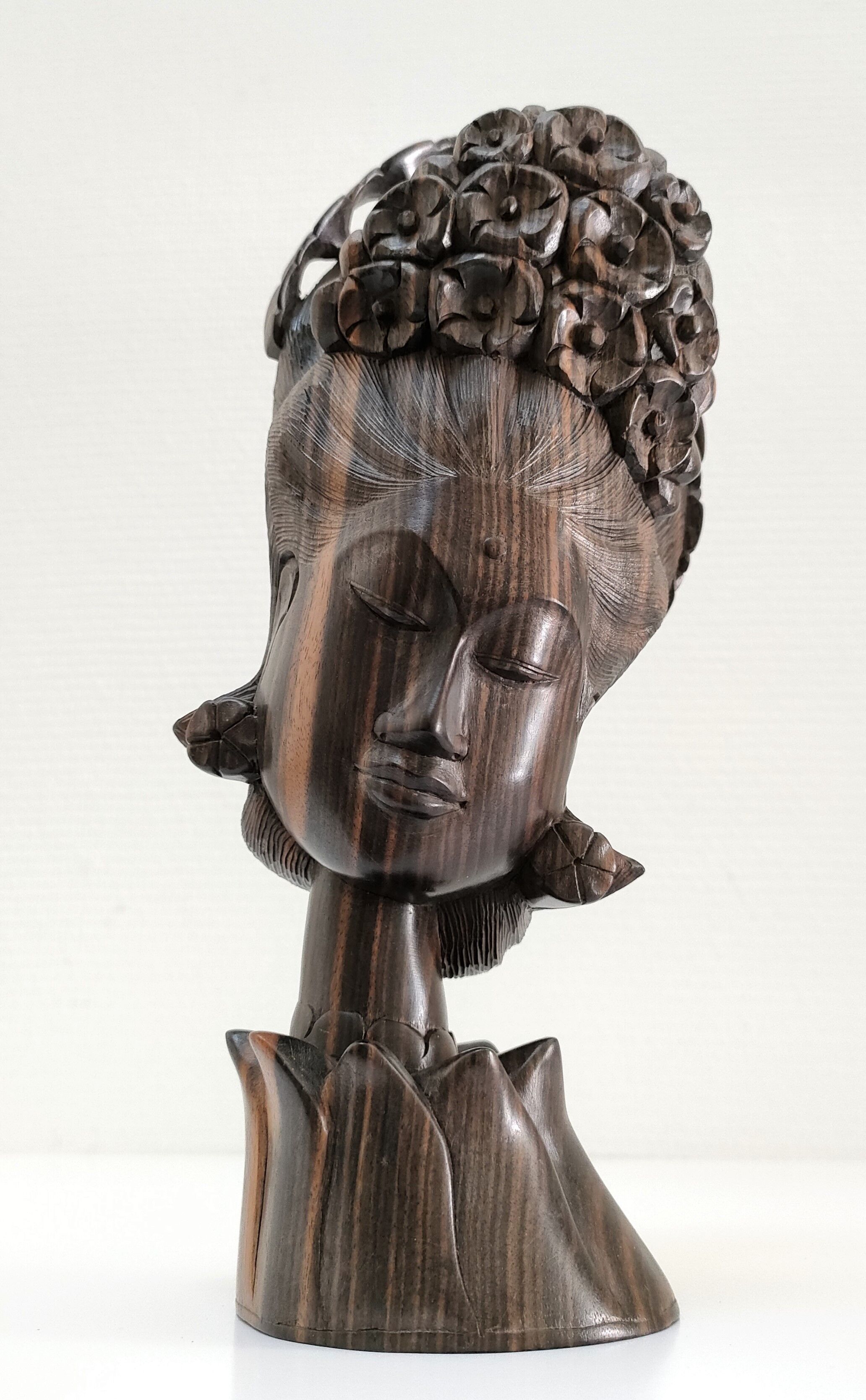 Wooden bust of woman with floral headdress sculptural work of the 60s-70s