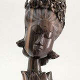 Wooden bust of woman with floral headdress sculptural work of the 60s-70s