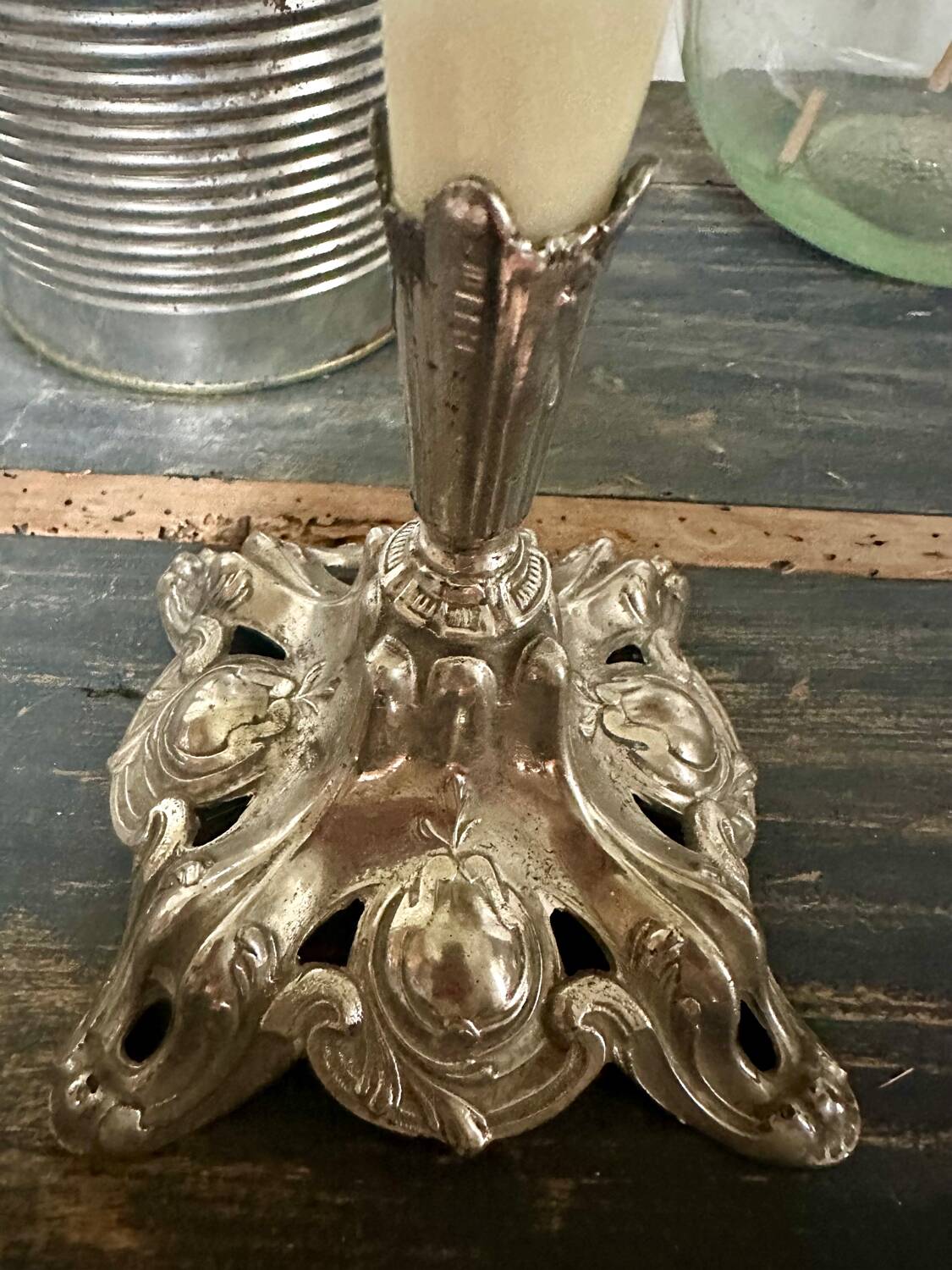 Silver metal candle holder