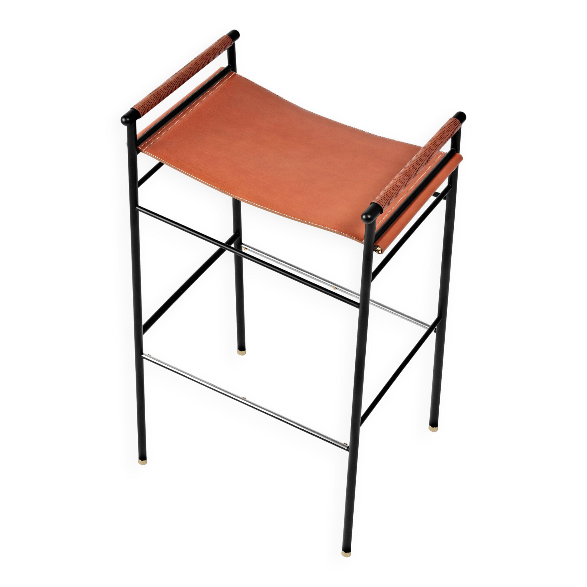 Set de 3 Taburetes de Bar Contemporéanos Piel Tabaco Natural y Metal Caucho Negro