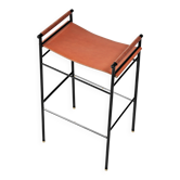 Set de 3 Taburetes de Bar Contemporéanos Piel Tabaco Natural y Metal Caucho Negro