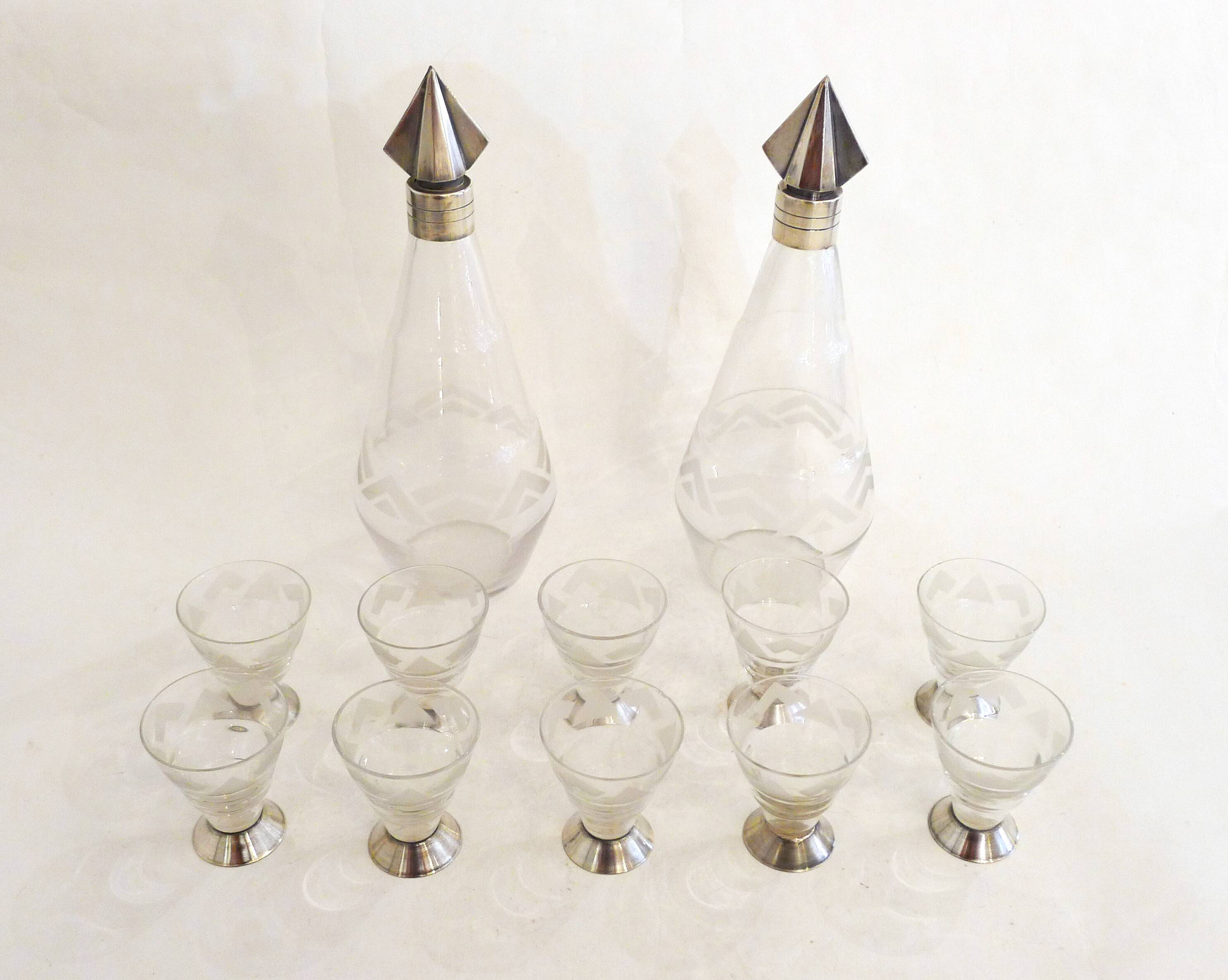 Art Deco liqueur set, glass & silver-plated metal ARGIT