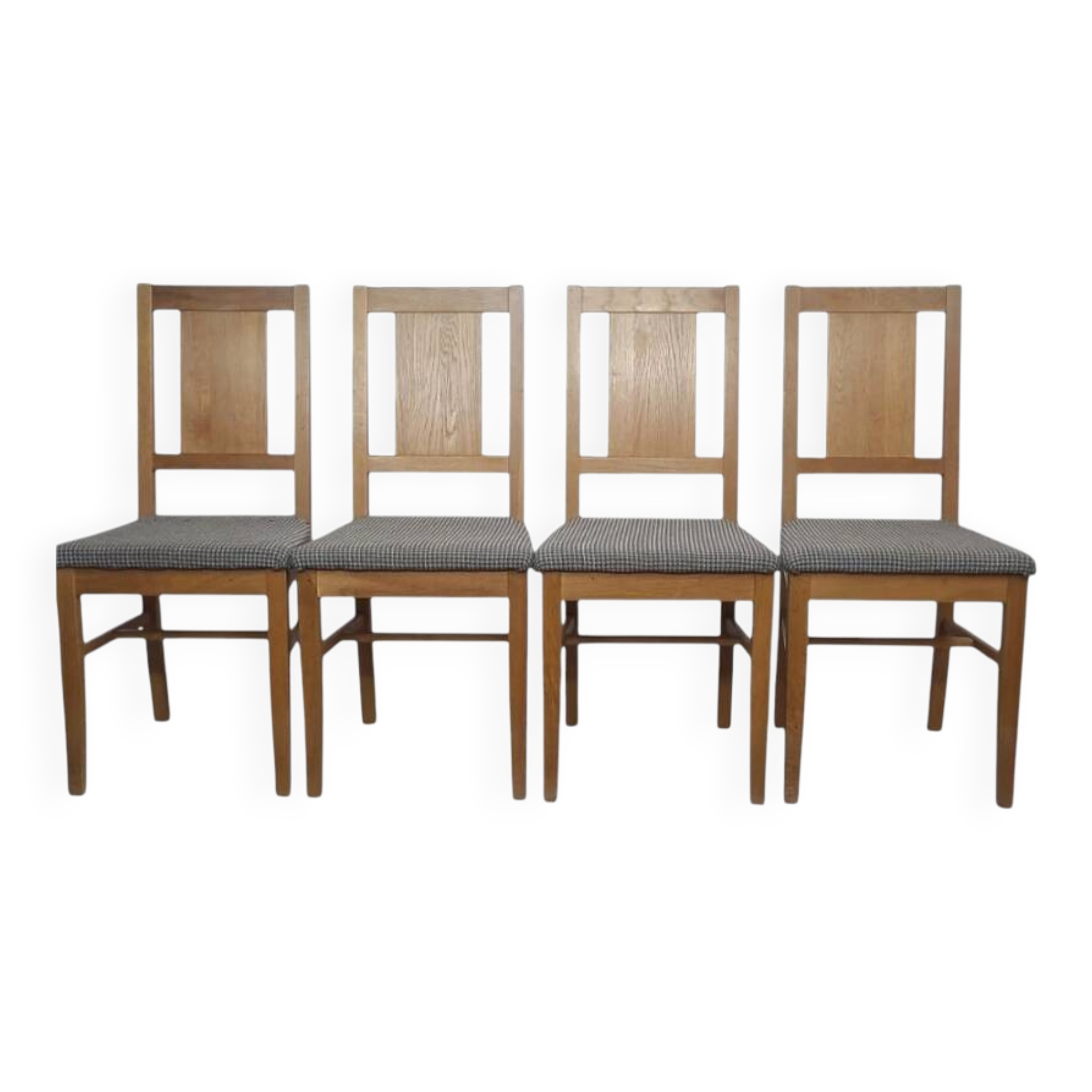 4 brutalist chairs in oak and checkered fabric, Denmark, 1960s